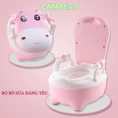 Bô vệ sinh cho bé CAYABE hình bò sữa có tay vịn và đệm lót PVC êm ái màu xanh/ hồng