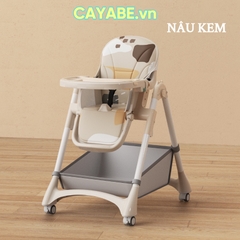 Ghế ăn dặm cho bé gấp gọn CAYABE Lux 6 mức điều chỉnh độ cao, có bánh xe, đệm êm màu nâu kem