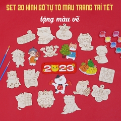 Set 20 hình gỗ tự tô màu trang trí Tết (tặng màu Acrylic)