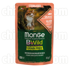 Monge Bwild-Thức ăn mềm cho mèo triệt sản vị cá hồi, tôm, rau 85g