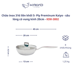 Chảo inox 316 liền khối 5-ply Premium Kaiyo -sâu lòng có vung kính 20cm