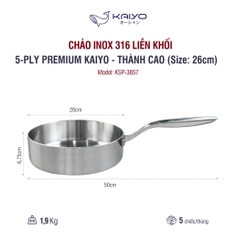 Chảo inox 316 liền khối 5-ply Premium Kaiyo - thành cao, size 26cm