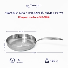 Chảo đúc inox 3 lớp đáy liền Tri-ply Kaiyo, dáng cạn size 26cm
