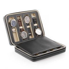 Hộp đựng đồng hồ, dòng du lịch, 8 chiếc Amzdeal Black Leather 8 Slot Zippered Traveler's Watch Case