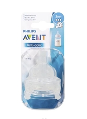 Vỉ 2 núm ti dòng chảy trung bình Avent Teat Silicone 3M+