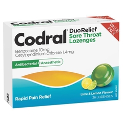 Kẹo ngậm trị viêm họng Codral Sore Throat Relief Lozenges Lime & Lemon Antibacterial + Anaesthetic 36 viên