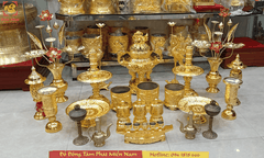 Bộ đồ thờ bằng đồng đầy đủ mạ vàng 24K đẹp sắc nét