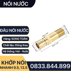 Đầu Nối Nước Thau, Đầu Nối Nhanh Coupling 9.5 13.5 Đồng Thau Ren Ngoài 1/8 1/4