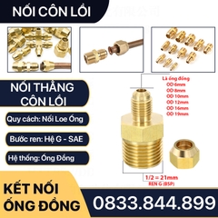 Bộ Nối Thẳng Ren Ngoài 1/2 (21) Côn Lồi Lã Ống Đồng NPT Phi 6 8 10 12 16 19mm (Brass Flare Fitting Male Connector NPT)
