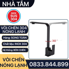 Vòi Chén Nóng Lạnh Thân Vuông Đen Inox 304 - Kèm 2 Dây Cấp Nước Nóng Lạnh 304