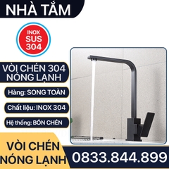 Vòi Chén Nóng Lạnh Thân Vuông Đen Inox 304 - Kèm 2 Dây Cấp Nước Nóng Lạnh 304