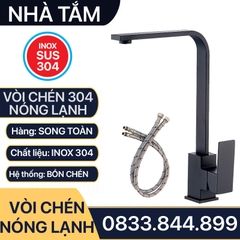 Vòi Chén Nóng Lạnh Thân Vuông Đen Inox 304 - Kèm 2 Dây Cấp Nước Nóng Lạnh 304