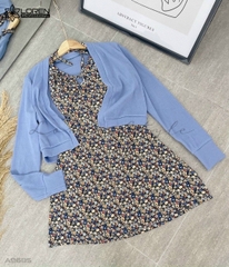 Set đầm hoa cổ yếm kèm khoác A9685