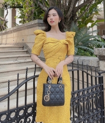 Đầm gấm xòe nơ ngực vàng C1737