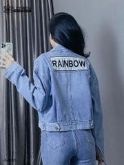 Áo khoác jean túi đắp rainbow xanh A4885