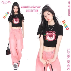 Áo croptop ôm body nữ HY KOREA in Đầu gấu Lotso Hello 1284 tay ngắn