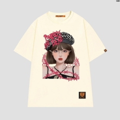 Áo phông tay lỡ HY KOREA Cô gái nón caro 1495 vải cotton 75 form rộng unisex