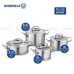 Bộ nồi bếp từ inox 4 món cao cấp Korkmaz Proline nắp kính 2l, 4l, 6.3l, 3.1l - A1147