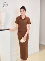 Áo sơ mi cổ bẻ phối kẻ màu nâu