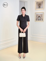 Áo sơ mi cổ đức đính hoa màu ghi