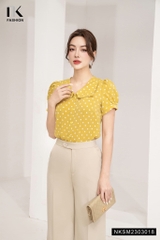 Áo Sơ Mi Chấm Bi Cộc Tay Lá Cổ NKSM2303018