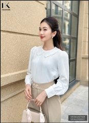 Áo Sơ Mi Dài Tay Cổ Ren Bấu Mí NK Fashion Công Sở Nữ Thanh Lịch, Vải Mềm Mịn NKSM2407005