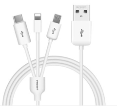 Cáp sạc 3 đầu Pisen AP07-1200 dài 1.2m cổng TypeC/ MicroUSB/ Lightning - hỗ trợ truyền dữ liệu lightning (trắng)