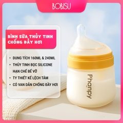 PHANPY | Bình Sữa Thủy Tinh Chống Đầy Hơi Bọc Silicone Dung Tích 160ml - 240ml