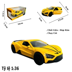 Mô Hình xe Zenvo ST1 vàng tỉ lệ 1:36 Hợp kim có thể mở cửa - bánh sau chạy cót - Dài 11cm - rộng 5cm - cao 4cm - nặng : 500gram - FULL BOX : box màu SKU : oto349 -k70-t1-s3