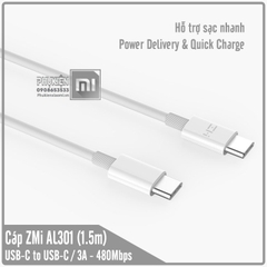 Cáp ZMI Type-C 2 đầu USB-C dài 1m5 - AL301, USB-C to USB-C / 3A - 480 Mbps