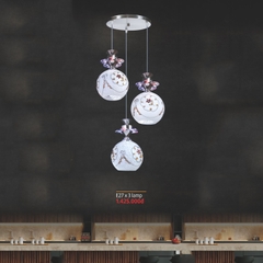 Đèn thả 3 thủy tinh trắng tròn, họa tiết cành hoa