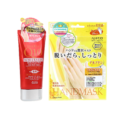 Bộ đôi Kem dưỡng da tay Q10 Đỏ + Mặt nạ ủ trắng Beauty World Nhật Bản