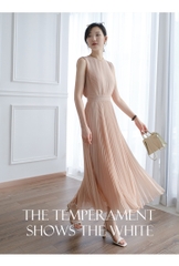 Đầm midi voan xếp li cộc tay hồng phấn đầm dự tiệc phiên  Xiny D165230