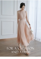 Đầm midi voan xếp li cộc tay hồng phấn đầm dự tiệc phiên  Xiny D165230