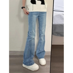 Quần jean cạp cao ống rộng dáng ôm dài phối viền phong cách Hàn Quốc QJ019250