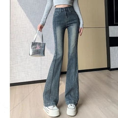 Quần jean cạp cao ống rộng dáng ôm dài phối viền phong cách Hàn Quốc QJ019250