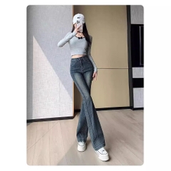 Quần jean cạp cao ống rộng dáng ôm dài phối viền phong cách Hàn Quốc QJ019250