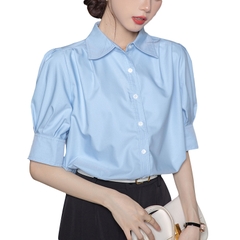 Áo sơ mi trơn cộc tay phong cách kiểu Pháp hai màu thich hợp công sở D438240