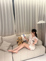 Đồ ngủ Pijama lụa xước hàng hiệu cộc tay viền ren chấm bi DN412240