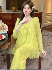 Đồ Ngủ Công Chúa Phong Cách Mới, Màu Trơn Cổ Vuông Ren Ngọt Ngào Lưới Rộng Rãi DN169250