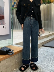 Quần jean cạp cao ống suông dáng dài họa tiết phối gấu QJ196240