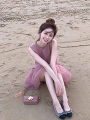 Đầm voan tơ sát nách hồng ruốc ngọt ngào nhẹ nhàng tiểu thư đi chơi du lịch phong cách trẻ trung Hàn Quốc D103240
