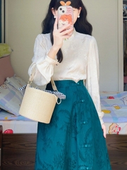 Set áo trắng sườn xám váy xanh phong cách cô gái Trung Hoa hiện đại thanh lịch xu hướng mới D139240