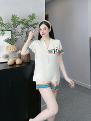 Set bộ đùi Pijama hàng hiệu form ngắn lụa cao cấp hottrent Trắng phối sọc cam xanh DN164240