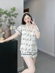 Set bộ đùi Pijama hàng hiệu form ngắn lụa cao cấp hottrent Trắng phối chữ DN163240