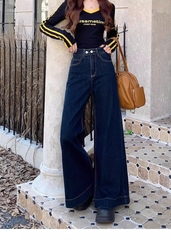 Quần Jean ống loe cạp cao đính 2 cúc phối túi trước phong cách Hàn Quốc QJ111240