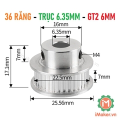 Pulley GT2 36 răng bản 6mm - Trục 5mm, 8mm, 6.35mm