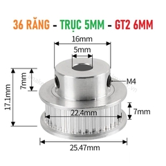 Pulley GT2 36 răng bản 6mm - Trục 5mm, 8mm, 6.35mm