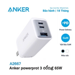 Cóc sạc nhanh 65w Anker A2667 (2 cổng type-c, 1 cổng usb) chính hãng [BH 1 năm]