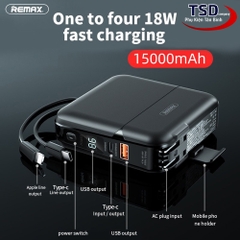 Pin sạc nhanh 22.5w Remax RPP-20 15.000mAh dự phòng kèm cáp liền pin + chân cắm ghim sạc ổ điện gập gọn + giá đỡ điện thoại QC3.0 + PD 18w chính hãng [BH 1 năm]